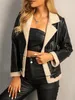 Kvinnor Fashion Chic Teddy Panel Pu Leather Jacket Vintage Lapel Double Breasted Crop Outerwear Mujer 240115