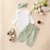 -11-03 Lioraitiin 0-24m Baby Girl Daisy Print Outfit Sólido com nervuras Ruffle Romper Calças de manga comprida Headbands Roupas Set 240115