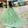 Green Off The Shoulder Beading Crystal Quinceanera Dresses Ball Gown Appliques Lace Tull Sweet 15 Vestidos De XV Anos