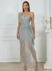 Casual Dresses Sexy V Neck One Shoulder Slip Sparkly Maxi For Women Summer Elegant Sleeveless Ruffles Bodycon Celebrity Party Dress