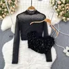 Women's T Shirts 2 Pieces Sets For Women Sexy Stand Collar Long Sleeve See Through Mesh Shirt Top And Faux Fur Sequined Camis Suits