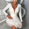 Elegant Feathers Long Sleeve Mini Dress for Women Summer Sexy Deep VNeck Bodycon White Evening Club Party Dresses 240115