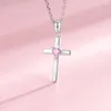 Wisiorki 925 Sterling srebrne różowe serce kryształowy krzyż Naszyjniki chrześcijańskie Jezus biżuteria dar urodzin