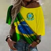 T-shirts voor dames Brazilië Vlag damesschilderijshirt Los nationaal embleem 3D-print Zomermeisje Off-shoulder Tops