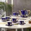 Luxueux service à café carrousel de couleur bleue à bords dorés Tasses et soucoupes en porcelaine anglaise Service à thé en porcelaine 15 pièces Service de table en céramique 270I