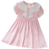 Meisjesjurken Fashion Kid Baby Girls 'Summer Jurk Turn Down Collar Pearl Bow Cotton Vestidos 2024 Trend Kinderkleding