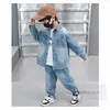 Moda ragazzi denim vestiti set bambini bavero camicia a maniche lunghe costine elastiche ankers jeans 2 pezzi 2024 primavera bambini abiti casual da cowboy Z6717