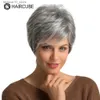 Синтетические парики HAIRCUBE Короткий седой парик с челкой Серебристый пепельный парик Пикси для женщин Синтетические парики, смешанные с человеческими волосами, высокая температура Q240115