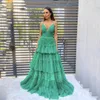 Multiple Layers Prom Dresses Spaghetti Strap A Line Formal Party Gown Green Tulle Tiere Evening Dress