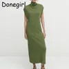 Casual Dresses Donegirl 2024 Kvinnor Fashion Short Sleeve Turtleneck Simple Temperament Sticked High Collar Long Dress Female Chic