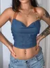 Women's Tanks Seasons Backless Bind Sexy Denim Vacation Beach Halter Swing Collar Vest Clubwear Summer Blue Crop Top 2024 ASVE87085