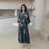 Pigiami da donna di lusso in stile Grand National con stampa a vestaglia lunga Kimono in raso di seta finta da donna Primavera Estate Abito da notte sottile Sexy con lacci