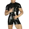 Bodysuit flexível masculino sexy preto collant zíper catsuit manga curta macacão boate bar clubwear costume273u