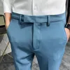 Summer Fashion Mens Dark Green Suit Pants Pure Color Business Occupation Slim Fit Dress Office Ankle Trousers 240113