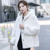 Manteau en cuir et laine imitation vison pour femme, vêtement d'extérieur court, épais, chaud et décontracté, Simple, couleur unie, 2024