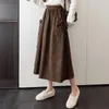 Skirts Bow Pocket Midi Long Corduroy Skirt Women 2024 Spring Autumn Fashion High Waist Pleated Female Khaki A Line