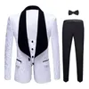 Мужские костюмы, мужские приталенные 3 предмета, белый узор, черная шаль с лацканами, костюм Homme, смокинг для жениха, Terno, свадебный пиджак, брюки, жилет