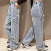 Meninas jeans primavera colar pano estrela de cinco pontas calças largas crianças na moda adolescente crianças calças 8 10 12 anos 240113