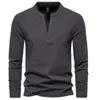 Amazon Foreign Trade New Men's T-shirt 220g Cotton New Men's Henry Neck Long Sleeved T-shirt Solid Color Bottom