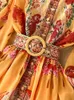 Printemps été Vintage col montant longue lanterne manches en mousseline de soie robe femmes fleur imprimé ceinture en vrac une ligne Maxi robes 240113