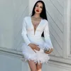Elegant Feathers Long Sleeve Mini Dress for Women Summer Sexy Deep VNeck Bodycon White Evening Club Party Dresses 240115