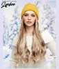 Synthetic Wigs 2024 New Long Wavy Curly Hat Wig for Women Winter Warm Soft Knitted Cap Multiple Colors Hats Hair Q240115