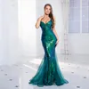 Casual Dresses Padded V Neck Green Stretch Sequin Party Dress Spaghetti Floor Length Mesh Panel Mermaids Backless Evening Night Formal Gown