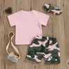 Ensembles de vêtements Ewodos Little Girl Vêtements d'été Claies courtes Lettre à manches Primps Prints With Camouflage Match Shorts et Bandband 3 PCS Tenue