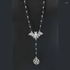 Kettingen Zilveren Vliegende Vleermuis Pentagram Ketting Zwarte Rozenkrans Sieraden Gotische Halloween Mode Voor Vrouwen