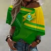 T-shirts voor dames Brazilië Vlag damesschilderijshirt Los nationaal embleem 3D-print Zomermeisje Off-shoulder Tops