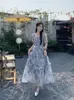 Feestjurken Deeptown Fairycore Bloemenmixi Afstudeerjurk Dames Koreaanse stijl Elegant Chic Tule Ruche Bladerdeeg Mouw Tuniek Avond