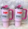 US STOCK Mesmo 40 onças Quencher Tumblers Cosmo Parade Flamingo Co-branded Co-branded Valentine's Day Gift Cup 40 onças de aço inoxidável FlowState Quencher Pink Lid Straw Car Mug