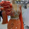 2024 Aso Ebi Orange Mermaid Prom Dress Beaded Crystals Sequined Evening Formal Party Second Reception Birthday Engagement Gowns Dresses Robe De Soiree ZJ48