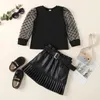 2-7Y Baby Meisjes Kleding Set Zomer Herfst Kinderen Mesh Bladerdeeg Mouw Tops en PU Lederen Plooirok Mode Kinderen outfits 240115