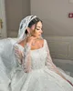 Elegante vestido de novia de una línea para mujer, vestidos de novia de manga larga con cuello cuadrado y apliques de lentejuelas con velo, vestido de tren de barrido con cordones por encargo