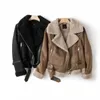 Jaquetas de camurça de inverno femininas, casaco de lã de pele sintética com cintos, casual, grosso, quente, jaquetas de motociclista, zíper, corta-vento de couro de tamanho grande