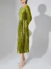 Miyake Fold 2024 Spring Long-Sleeved Dress High-End Tempament Round Neck Green Canary Long Skirt 240115