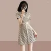 Casual Dresses Summer Korean Fashion Polo-Neck Printing Mini Dress Lady Short Sleeve Midje Trend Robe Women Slim Vestidos de Fiesta