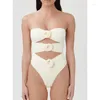 Damenbadebekleidung 2024 Frauen 3D-Blumen-Einteiler-Badeanzug Rosa Blume aushöhlen einfarbig weiß sexy trägerlos elegante Strandmode