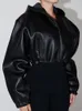 Aynaray Winter Autumn Women Moto Biker Leather Jacket Solid Black Long Sleeve Cropped Tops Outwear Coat Hoodies For 240115