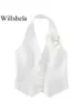Willshela moda feminina branco apliques sem costas coletes vintage halter pescoço sem mangas jaquetas feminino chique senhora regata 240115