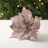 Decoratieve bloemen 22 cm glitter kunstmatige champagne kerstbloem diy rood multi -lagen gaas voor kerstboom ornamenten woningdecoraties