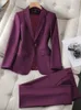 Damer Blazer och Pant Suit Women Green Purple Blue Black Solid Formal Jacket byxor Kvinnliga affärsarbeten slitage 2 -stycken Set 240115