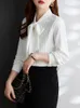 女性用ブラウスプリーツレディースシャツ長袖弓ネマッチパールボタンオフィスレディエレガントな女性ファッション服2024