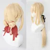 Violet Evergarden queue de cheval tresse chignons cheveux blonds résistant à la chaleur Cosplay Costume perruque perruque casquette ruban Y0903236Q