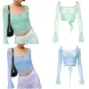 Blusas de mujer Musuos Sexy para mujer Top corto de malla transparente cuello en V sólido con cordones vendaje fuera del hombro camisa de manga larga blusa Mujer