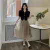 Party Dresses Summer Retro Style Yarn Skirt Suit A- Line Design Sense Butterfly Clasp Short Sleeve V-neck Shirt Two-Piece Set