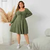 Grundläggande casual klänningar mantel drar manches longuer häll femmes col en v vert uni longueur genou grande taille 3xl 4xl automne hiver vtements hour femmes yq240115