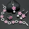 Kettingen Carrière Parels Sieradensets Bloem Prinses Roze Zirconia Sier Sieraden voor Vrouwen Oorbellen/hanger/ring/ketting set