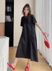 Party Dresses Patchwork Pleated Black Vintage for Women Korean Fashion Kort ärm Loose Casual Summer Long Dress Clothing 2024